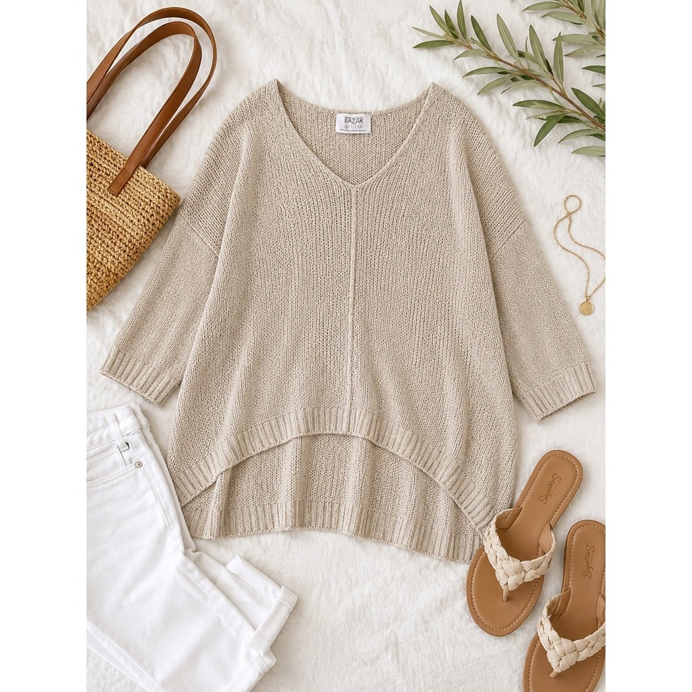 Made in Italy Lagenlook Sweater XXL Beige Gold Oversized Lightweight Hi Low Boho